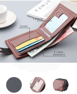 Detail view of men's leather wallet interior featuring 3 card slots and 1 photo window