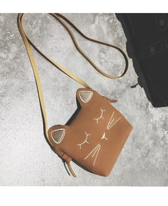 Close-up of cat-shaped children's crossbody bag with embroidered whiskers and 3D ears