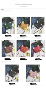 Detail view showing cat-shaped mini crossbody bags in eight vibrant colors with embroidery