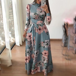 Abito lungo floreale chic blu-grigio con maniche lunghe e laccio in vita