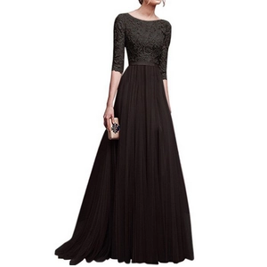 Elegant black evening gown with 3/4 lace sleeves and pleated chiffon skirt