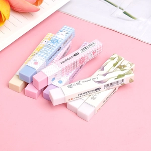 Set of colorful rectangular erasers with cute cartoon and floral paper sleeves