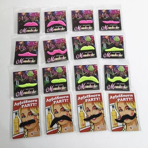 Close-up of 16-piece set of colorful costume mustaches in individual retail packaging