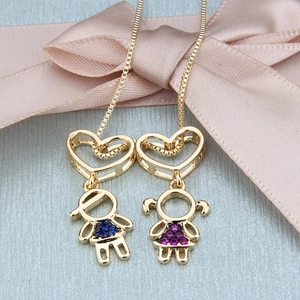 Gold-plated boy and girl heart necklaces with colorful zircon stones on satin ribbon
