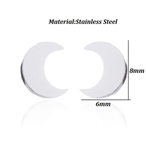 Symmetric pair of minimalist stainless steel crescent moon stud earrings in silver finish