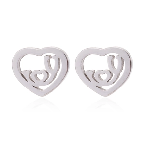 Minimalist silver stethoscope heart stud earrings in stainless steel on white background