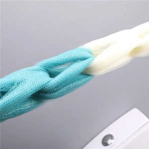 Dual-color long mesh bath scrubber for back cleaning in teal and cream PE fiber