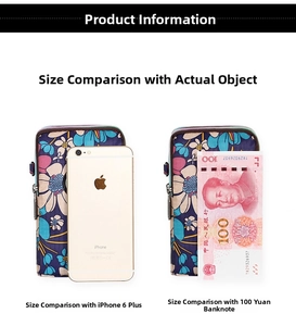 Detailed size comparison of floral mini crossbody phone bag with phone and currency