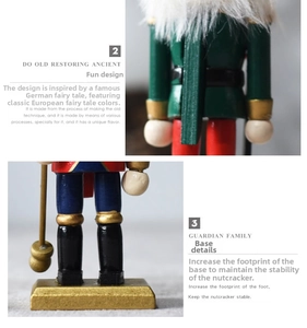 Detailed view of antique-style nutcracker figurines with stable golden bases and hand-painted hair