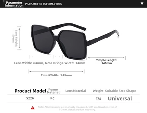 Detailed size specifications for oversize fashion sunglasses model 5226 with PC frame