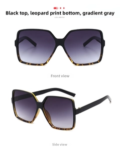 Detail view of retro oversized square sunglasses with black and leopard print frames