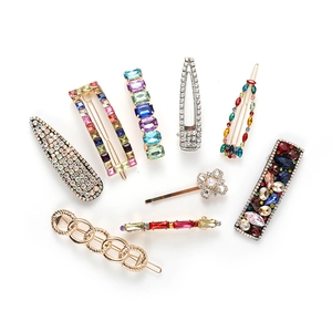 9-piece gold and silver hair clip set with colorful rhinestones and crystal pearls