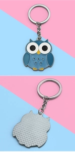 Front and back detail of blue enamel owl keychain with non-slip textured metal surface
