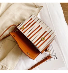 Detail of the piano-style crossbody bag showing dual gold magnetic buckles and striped flap