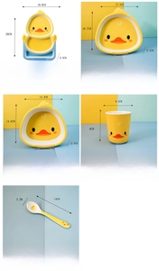 Detailed size specifications for yellow duck baby dinnerware set including bowls and plates