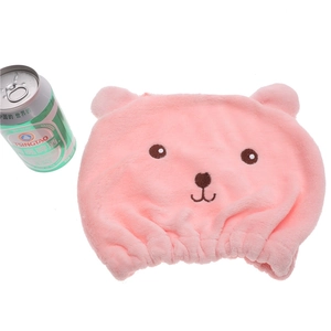 Absorbent microfiber pink bear dry hair hat with cute 3D ears and soft coral fleece texture