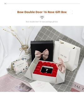 Detail view of 16-rose double-door jewelry gift box with ribbon and matching gift bag