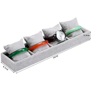 Gray ice velvet jewelry display tray with 4 slots and pillows for watches and bracelets