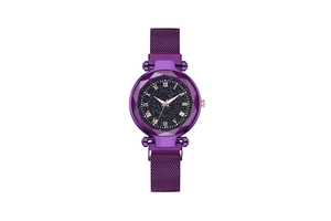 Detail of purple starry sky dial and magnetic Milanese mesh strap on women's watch