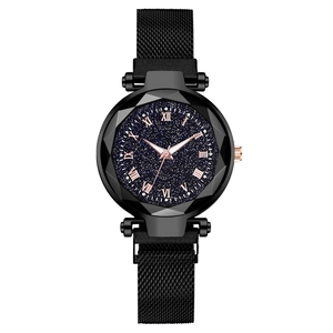 Black women's quartz watch with blue starry sky dial and magnetic Milanese strap