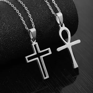 Polished silver stainless steel cross and Ankh cross pendants on metal chains