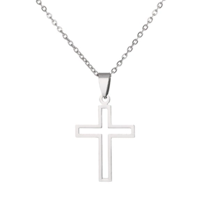 Detailed view of a silver hollow cross pendant with a classic stainless steel chain