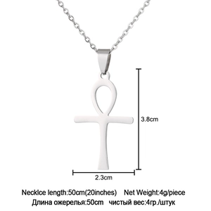 Detail view of silver stainless steel Ankh cross necklace with size measurements