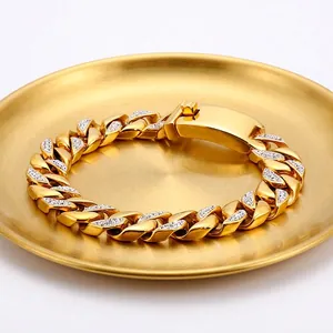 Men Cuban Link Bracelet Stainless Steel Iced Out Zircon Rhinestone Curb Chain Hip Hop Streetwear Jewelry