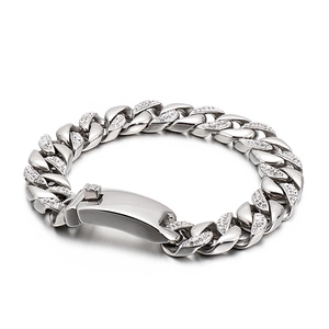 Iced out silver cuban link bracelet for men in stainless steel with crystal accents