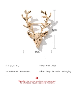 Détail de la broche renne doré en alliage avec dimensions et spécifications de poids