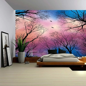 Detailed view of Nordic Christmas tree tapestry featuring a pink dusk sky scene