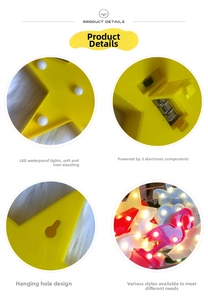 Yellow star LED light detail with waterproof beads, button battery power, and hanging hole