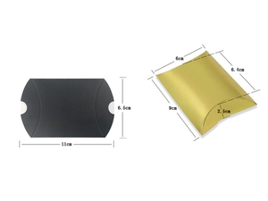 Detailed size comparison of black and gold pillow-shaped gift boxes with dimensions