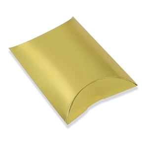 Elegant gold pillow-shaped candy box for wedding favors and gift packaging on white background