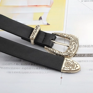 Vintage Western Carved Buckle Slim Faux Leather Belt For Women Black Chic Bohemian Style Decorative Waist Belt