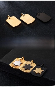 Close-up of stainless steel shield pendant with star pattern and mesh texture details
