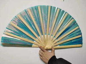 Detail of 33cm Kung Fu fan featuring iridescent blue-purple gradient film and wooden ribs