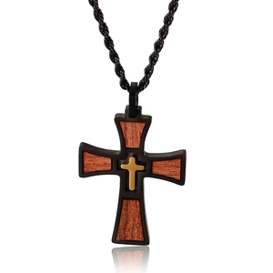 Vintage Cross Pendant Stainless Steel With Wood Inlay Religious Crucifix Jewelry Accessory For Men Women