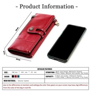Detailed size and structure chart for this genuine leather RFID long wallet in red