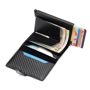 Detailed view of black carbon fiber wallet with automatic card ejector and cash clip