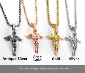 Detailed view of four praying angel pendants in gold, silver, rose gold, and antique silver