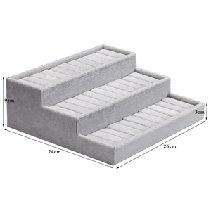 Three-tier grey velvet tiered ring display stand for jewelry storage, size 26x24x9cm