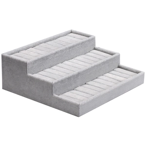 Three-tier gray velvet stair display stand for rings and jewelry collection storage