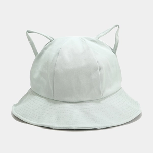 Detail of mint green cotton sun hat with cute 3D ears and reinforced wide brim stitching