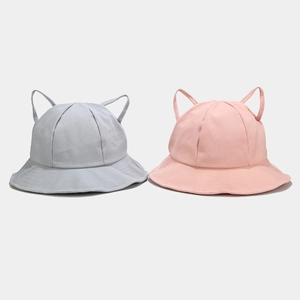 Women's cat ear wide brim bucket hat in light blue and pink soft cotton fabric