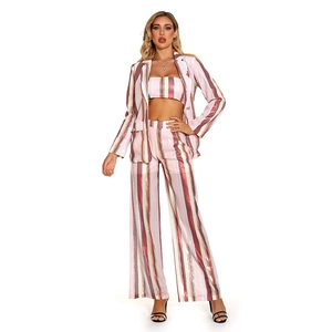 Completo 3 Pezzi Donna Paillettes Blazer a Righe Crop Top Pantaloni a Gamba Larga Elegante Outfit da Sera in Poliestere