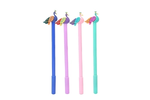 Detailed view of four colorful peacock-shaped gel pens in blue, purple, pink and mint green