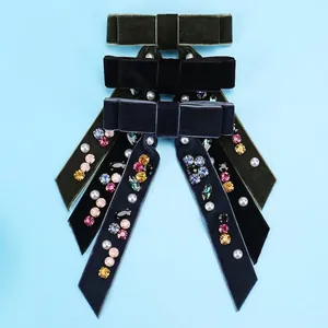 Velvet Bow Hair Clip With Colorful Rhinestones And Faux Artificial Pearls Vintage Long Streamer French Style Headwear For Women