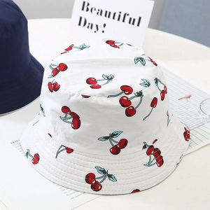 Kids reversible cotton bucket hat with cute red cherry print for outdoor sun protection