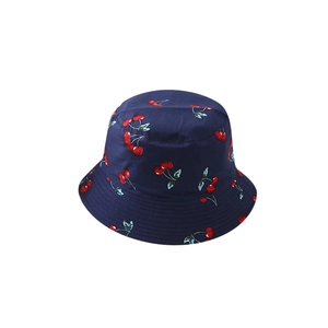 Kids navy reversible bucket hat with red cherry print and reinforced brim sun protection